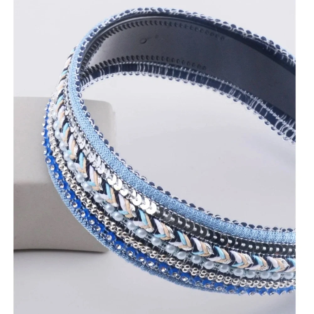 Boho Faux Pearl Sequin Braided Headband - Picture 6 of 7